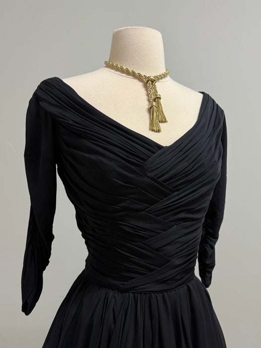 Iconic 1950's Ceil Chapman Midnight Blue Silk Chiffon Cocktail Dress / M