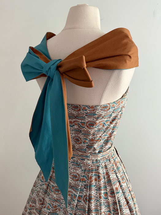 Fabulous 1950's Cotton Sundress With Two Tone Halter Straps / S