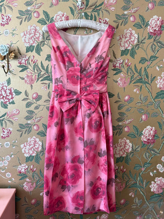 Vintage Audrey Early 1960's Floral Chiffon Pink Party Dress With Bow Back / XXS