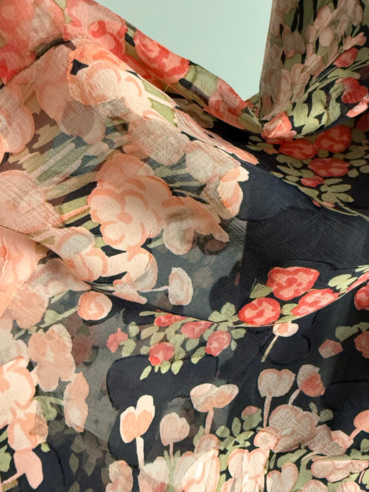 Lovely 1970's Autumnal Floral Silk Chiffon Dress / SM