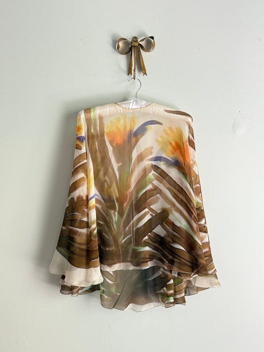 Fabulous 1970's Silk Chiffon Hand Painted "Birds of Paradise" Gown By Richelene / M