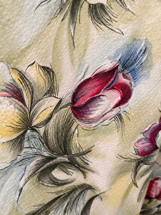 Gorgeous Early 1950's Floral Print Seersucker Garden Party Gown / XS