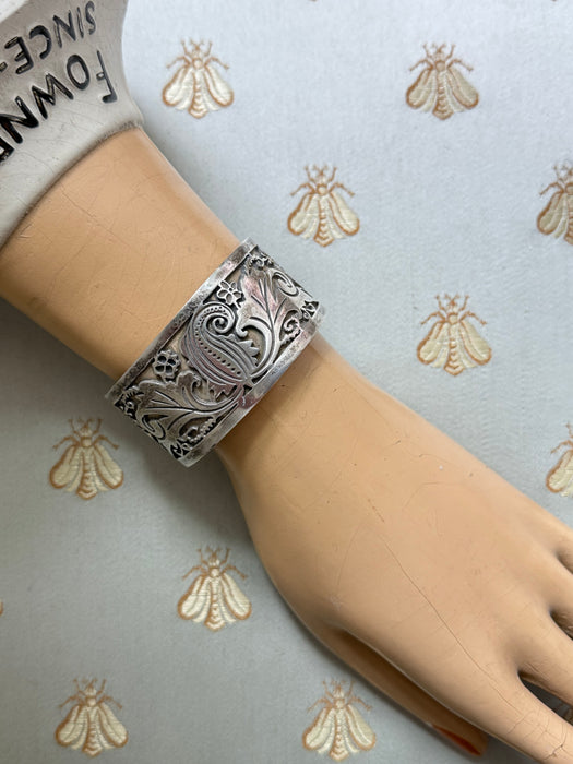 Gorgeous Vintage Wide 1950’s Sterling Silver Bracelet By Talleres De Los Ballestros Mexico