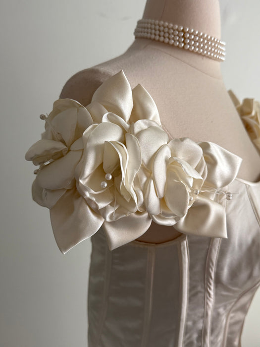Coveted 1990's Corset Wedding Gown With Off The Shoulder Rose Neckline / XS