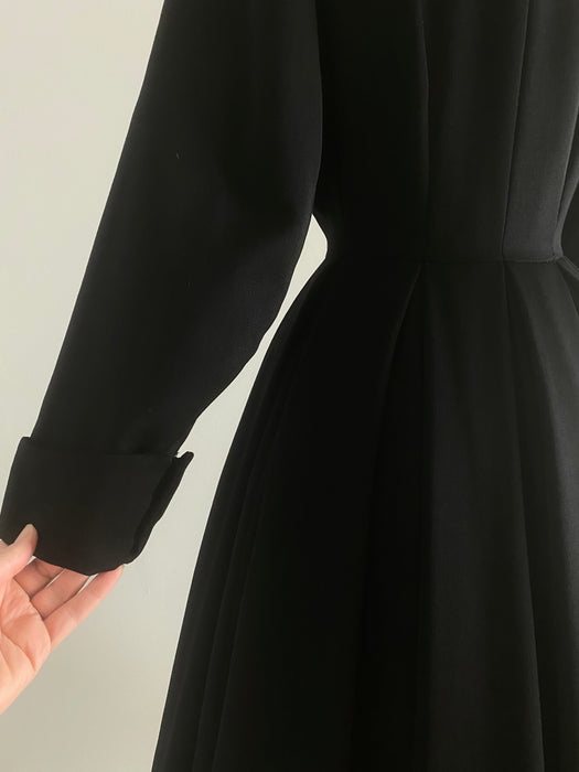 Spectacular Early 1950's New Look Princess Coat In Black Wool Gabardine By Julliard / Medium