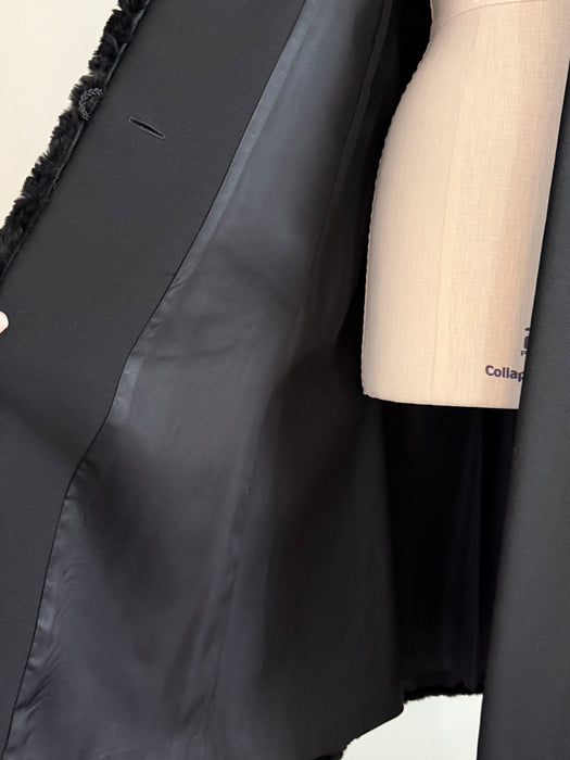 Sublime 1970's Saks Fifth Ave. Black Wool Coat With Fur Sleeves / SM