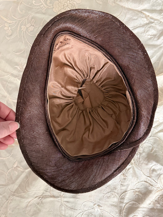 1920's Glossy Chocolate Straw Cloche Hat From I.Magnin
