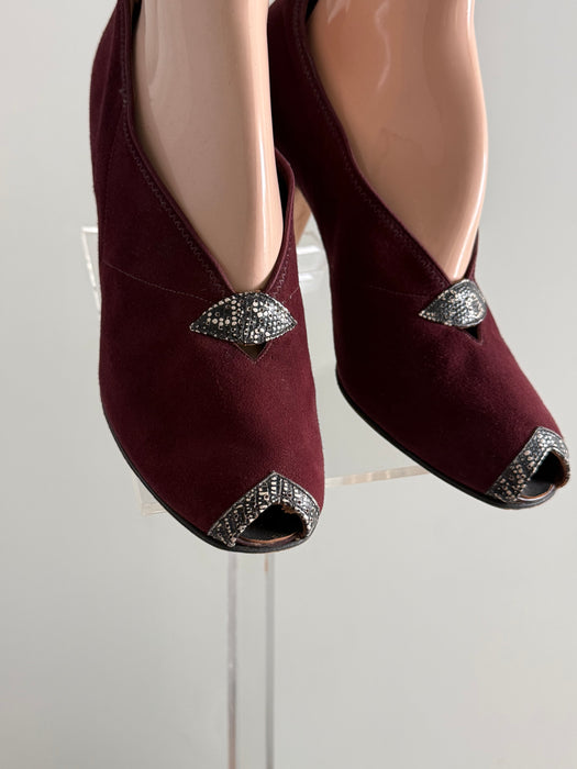 Killer 1940's Malaga Suede & Lizard Peep Toe Pumps By Krupp's / 7B