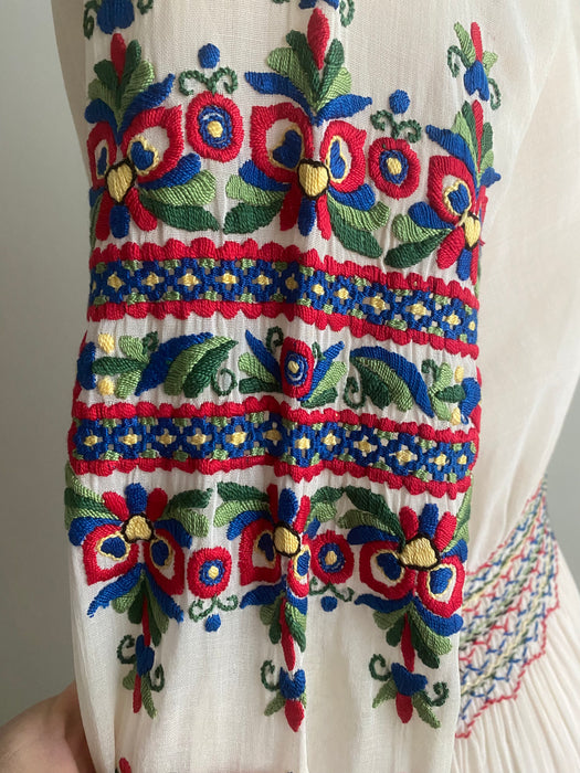 Exquisite 1920's Hungarian Embroidered Cotton Voile Dress / Medium