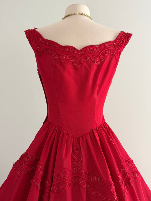 Showstopping 1950's Cherry Red Party Dress with Soutache Embroidery / S