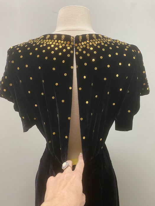 Stunning 1930's OLD HOLLYWOOD Silk Velvet Evening Gown With Gold Studs / Small