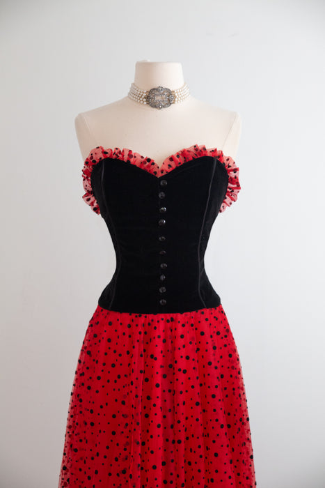 Fabulous Early 80's Caroline Charles London Black Velvet &  Polka Dot Tulle Gown / SM