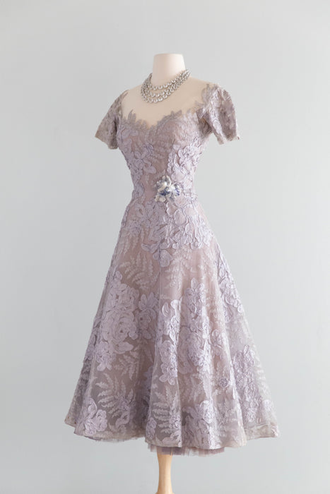 Exquisite and Rare 1950's Philip Hulitar Misty Lilac Illusion Lace Couture Cocktail Dress / S