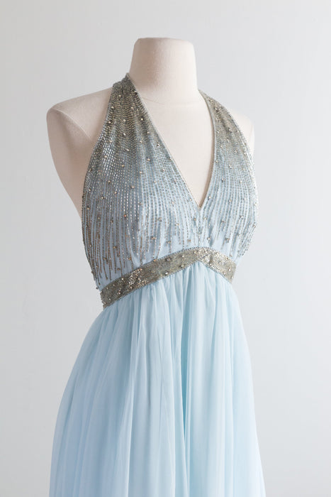 Ethereal 1960's Ice Blue Beaded Chiffon Halter Gown / Small