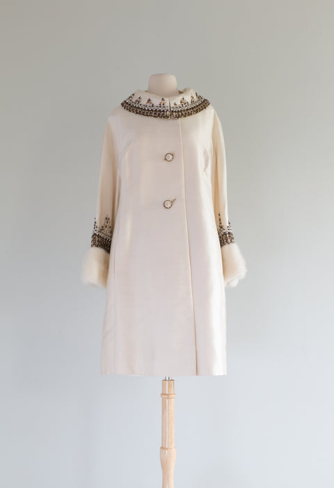 Spectacular 1960's Beaded Ivory Shantung Evening Coat With Mink Cuffs / Large