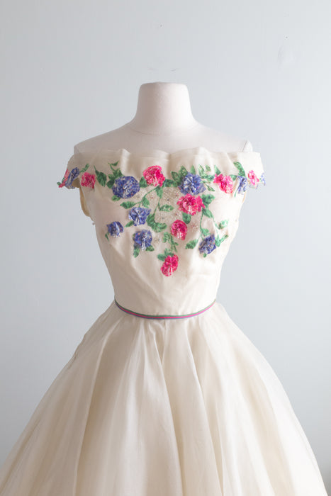 Exquisite 1950's Ivory Silk Organza Party Dress With Floral Appliques / Small