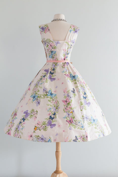 Ethereal 1950's Butterfly Print Cotton Party Dress / Small
