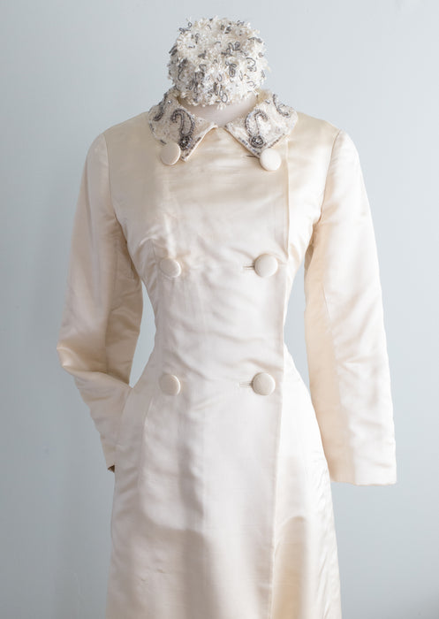 Elegant 1960's Ivory Silk Malcolm Starr Maxi Coat With Beaded Collar / Medium