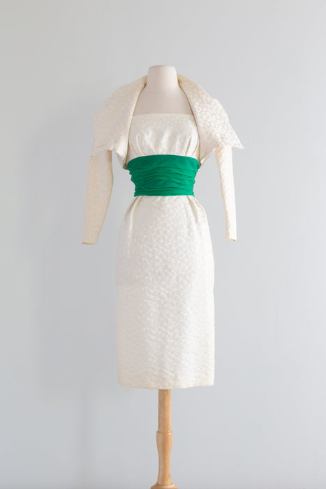 1950's Glamour Ivory Brocade Dress & Matching Jacket / XS