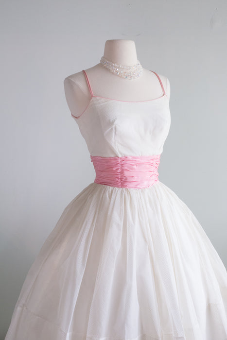 Vintage Early 1960's Ivory Swiss Dot Party Dress With Pink Sash / Small