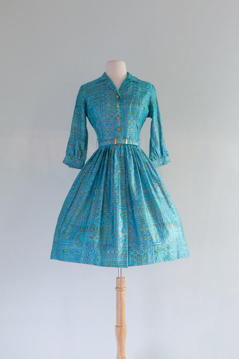 Darling 1960's Turquoise & Gold Polished Cotton Day Dress / Small