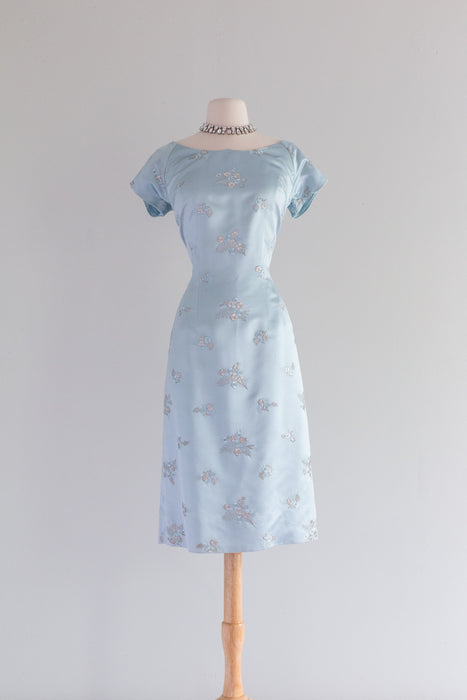 Elegant 1960's Embroidered Pale Blue Satin Wiggle Dress & Jacket / ML