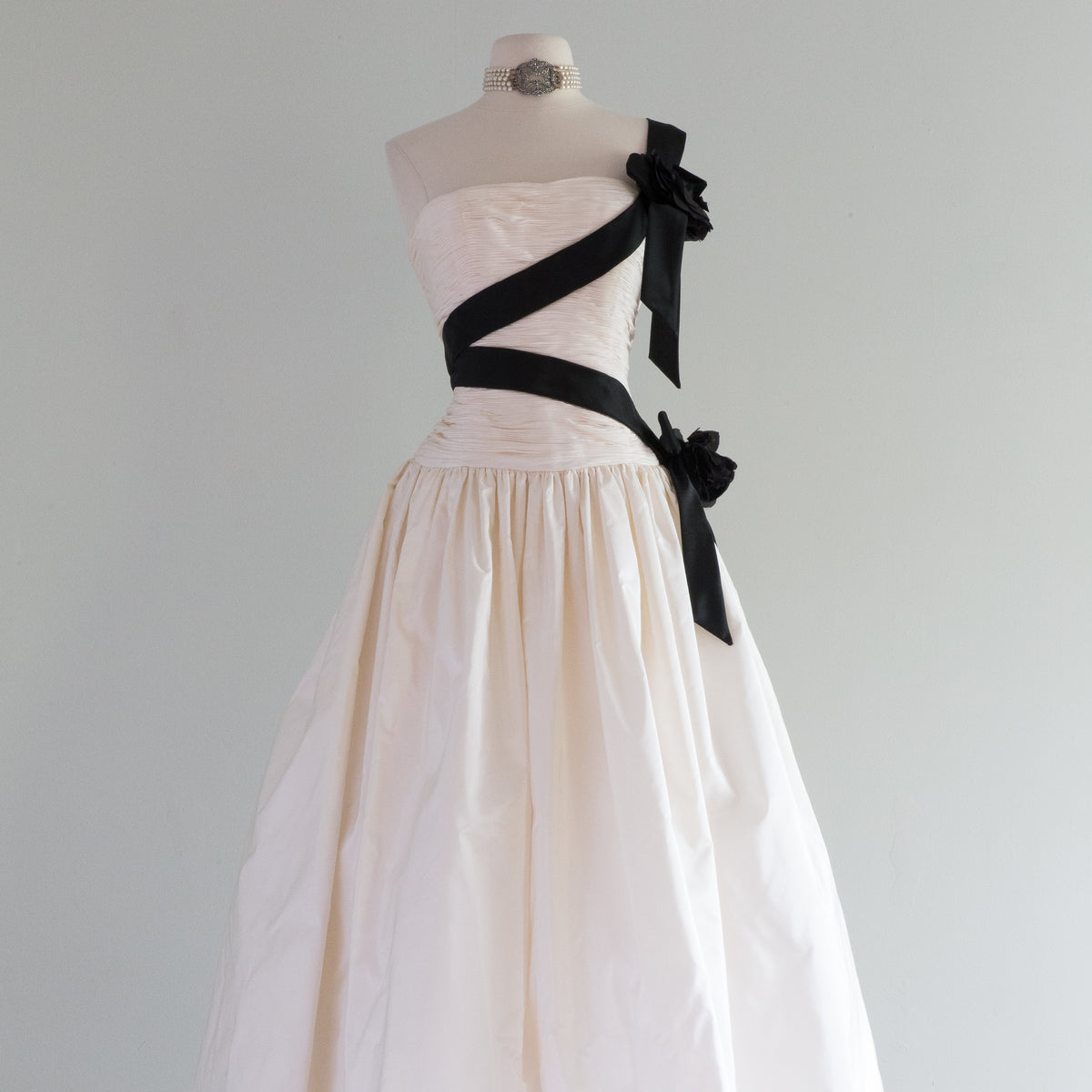 Dramatic Chanel Inspired Silk Wedding Party Dress With Black Sash / Medium Dramatic Chanel Inspired Silk Wedding Party Dress With Black Sash / Medium