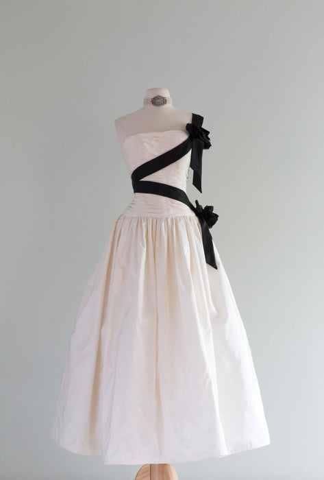 Dramatic Chanel Inspired Silk Wedding Party Dress With Black Sash / Medium