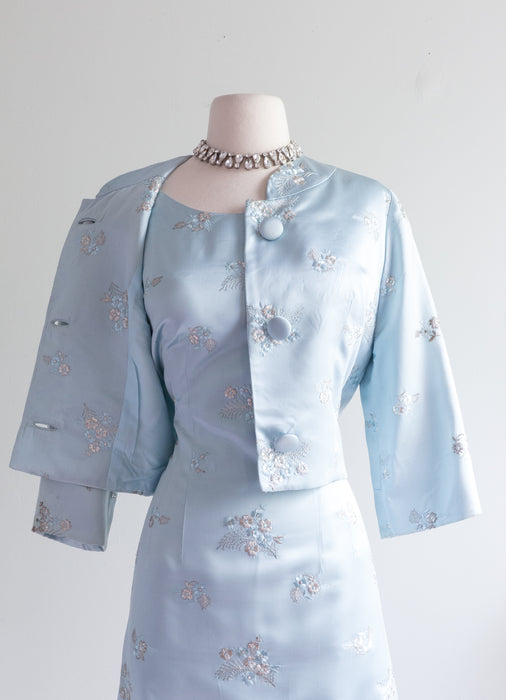 Elegant 1960's Embroidered Pale Blue Satin Wiggle Dress & Jacket / ML