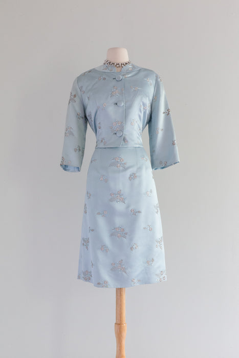 Elegant 1960's Embroidered Pale Blue Satin Wiggle Dress & Jacket / ML