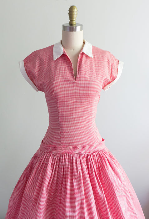 Classic 1950's Red & White Gingham Picnic Cotton Day Dress / XS