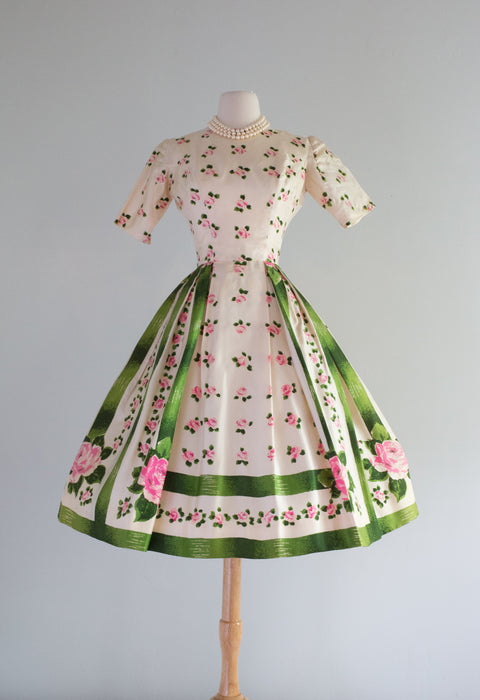 Delightful 1950's Silk Rose Print Party Dress With Green Ribbons / Small