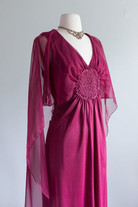 Fabulous 1970's Beaujolais Evening Gown With Chiffon Capelet / Large