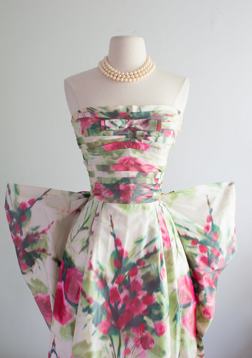 Exquisite 1950's Couture Cocktail Dress Silk Rose Print By Anne Lise Madrid / Small