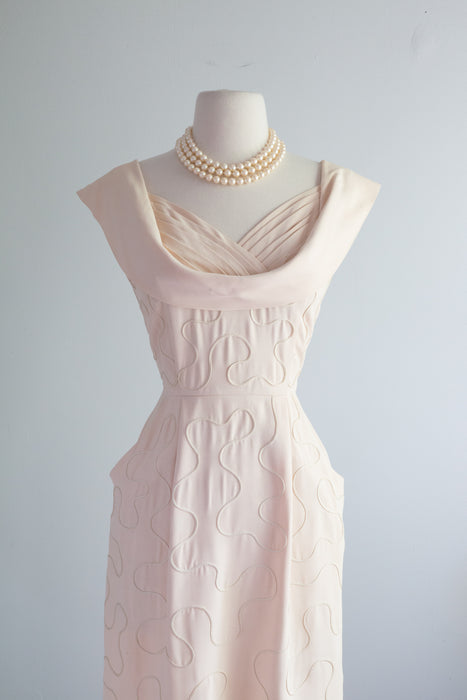 Glamorous 1950's Blush Wiggle Dress With Soutache & Side Pockets / Small