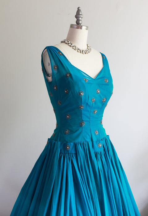 Fabulous 1950's Iridescent Teal Chiffon Cocktail Dress / Small