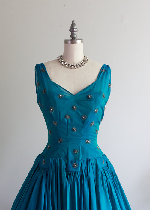 Fabulous 1950's Iridescent Teal Chiffon Cocktail Dress / Small