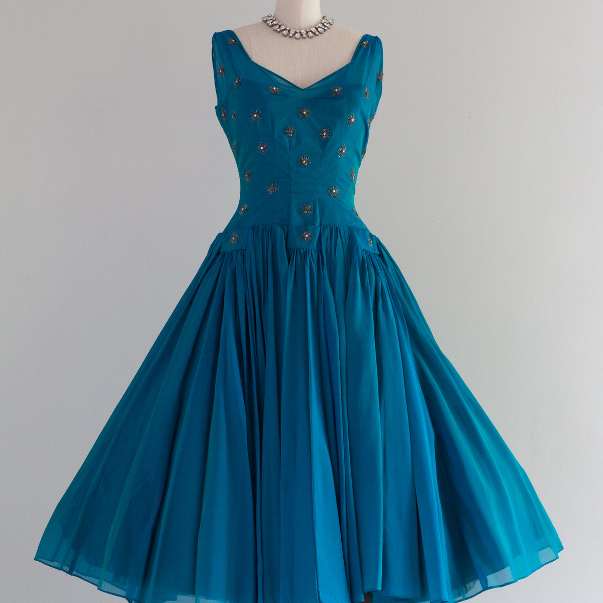 Fabulous 1950's Iridescent Teal Chiffon Cocktail Dress / Small – Xtabay Vintage Fabulous 1950's Iridescent Teal Chiffon Cocktail Dress / Small – Xtabay Vintage