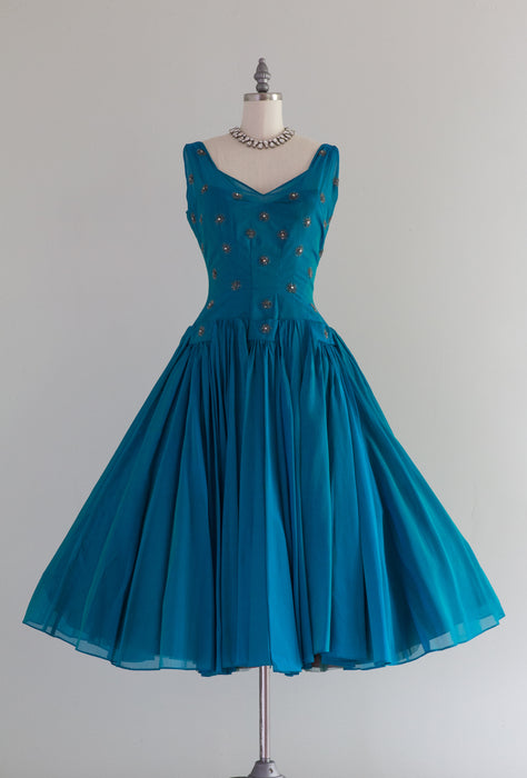 Fabulous 1950's Iridescent Teal Chiffon Cocktail Dress / Small – Xtabay Vintage