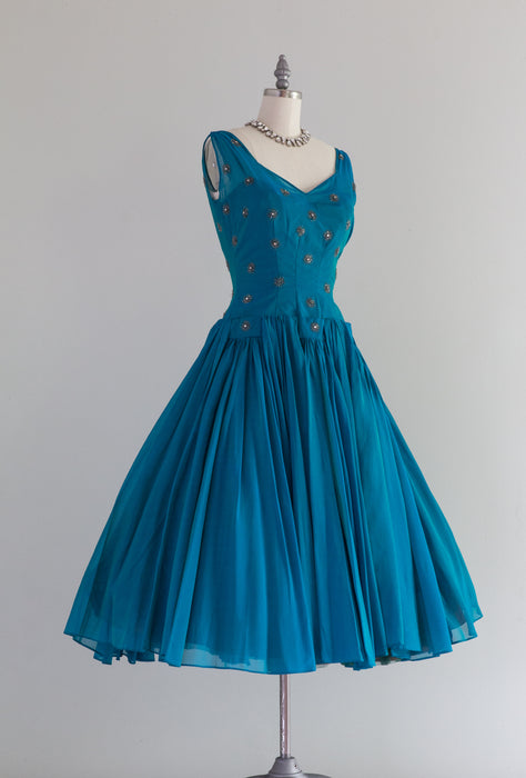 Fabulous 1950's Iridescent Teal Chiffon Cocktail Dress / Small Xtabay Vintage Fabulous 1950's Iridescent Teal Chiffon Cocktail Dress / Small Xtabay Vintage