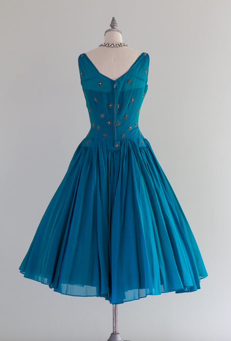 Fabulous 1950's Iridescent Teal Chiffon Cocktail Dress / Small Xtabay Vintage Fabulous 1950's Iridescent Teal Chiffon Cocktail Dress / Small Xtabay Vintage
