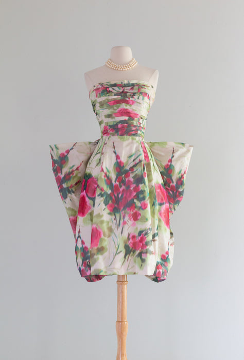 Exquisite 1950's Couture Cocktail Dress Silk Rose Print By Anne Lise Madrid / Small