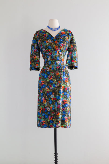 Luscious Late 1950's Silk Watercolor Floral Dress From Nicholas Ungar / ML
