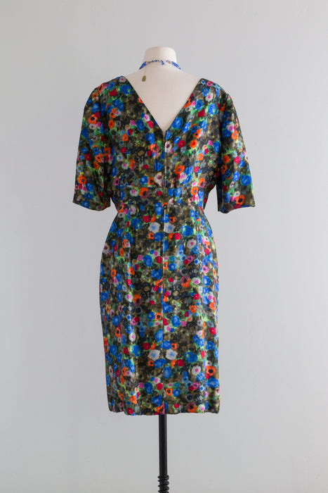 Luscious Late 1950's Silk Watercolor Floral Dress From Nicholas Ungar / ML