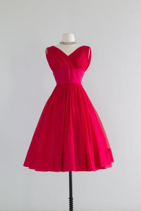 Early 1960's Cerise Silk Chiffon Cocktail Party Dress / Petite Small