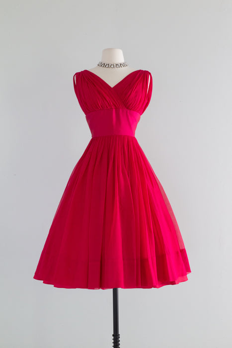 Early 1960's Cerise Silk Chiffon Cocktail Party Dress / Petite Small