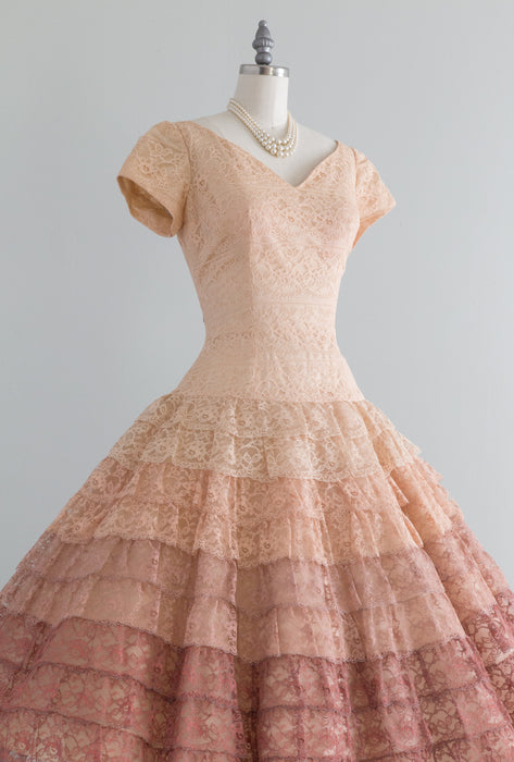 Stunning 1950's Blushing Ombre Lace Party Dress / Small
