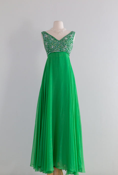 Stunning 1960's Silk Chiffon Lime Green Evening Gown / Medium Xtabay Vintage Stunning 1960's Silk Chiffon Lime Green Evening Gown / Medium Xtabay Vintage