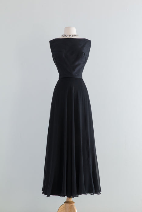 Elegant 1960's Black Silk Chiffon Evening Gown With Matching Jacket / ML