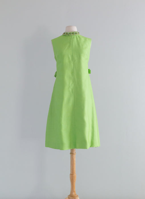Fabulous 1960's Key Lime Shantung Shift Dress With Bows & Jewel Collar / Large